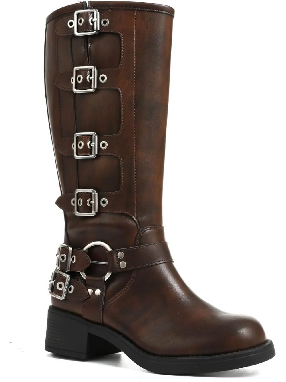 Women's Brown Pull On Wide Calf Riding Buckles Chunky Metallic Knee High Boot